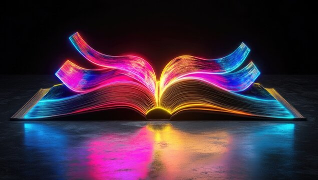 3D illustration of an open book with neon-glowing pages, on a black background, in a colorful design, high-resolution photography.