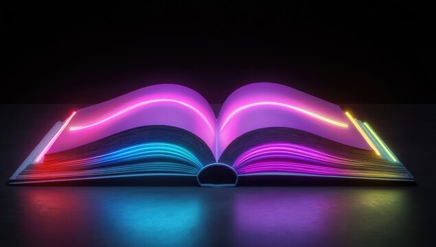 3D illustration of an open book with neon-glowing pages, on a black background, in a colorful design, high-resolution photography.