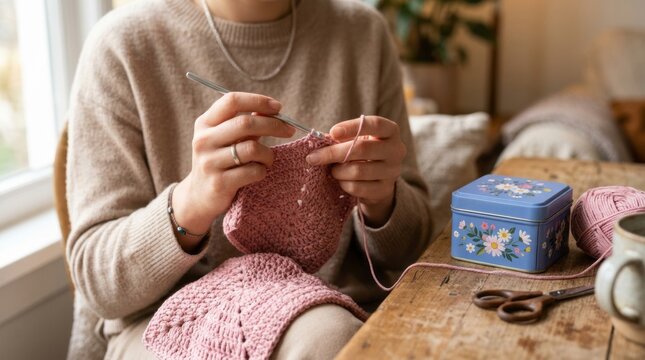 Cozy hands crafting a soft pink knit with yarn and tools on a rustic wooden table