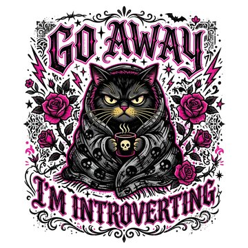 Grumpy black cat wrapped in a cozy skull blanket holding a hot coffee mug surrounded by dark pink gothic roses