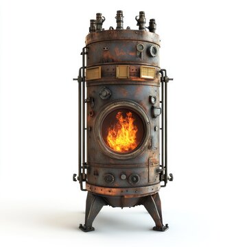 3D model of an old industrial metal processing machine with fire inside, on a white background, isolated, with no shadows, in the style of a product photo