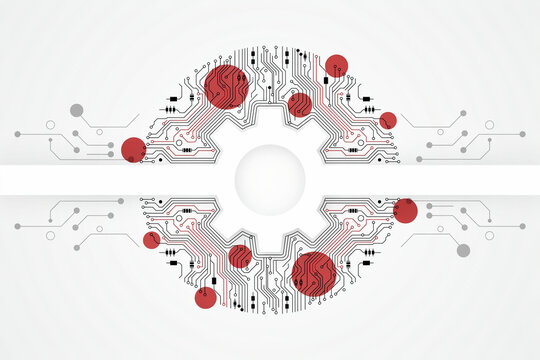 Circuit patterned gear with red nodes on a white background a technological illustration
