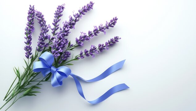 3D realistic blue ribbon lavender bouquet on a white background, highly detailed.
