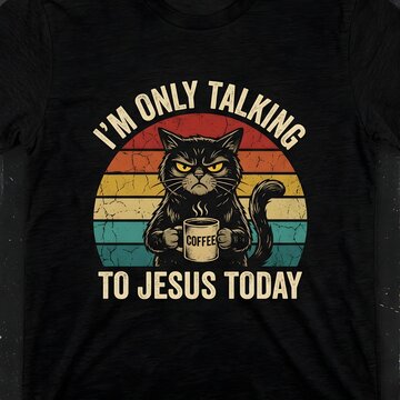 Grumpy black cat holding a coffee mug featuring vintage sunset retro style graphics on a textured black cotton t shirt
