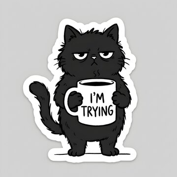 Grumpy black cat holds a white mug with funny text while looking tired in this cute hand drawn sticker illustration