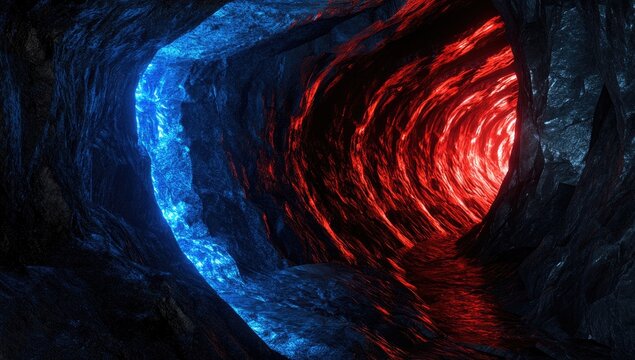 3D render, abstract background with blue and red glowing lights on a black wall. Abstract futuristic tunnel or corridor. Digital wallpaper for presentation design