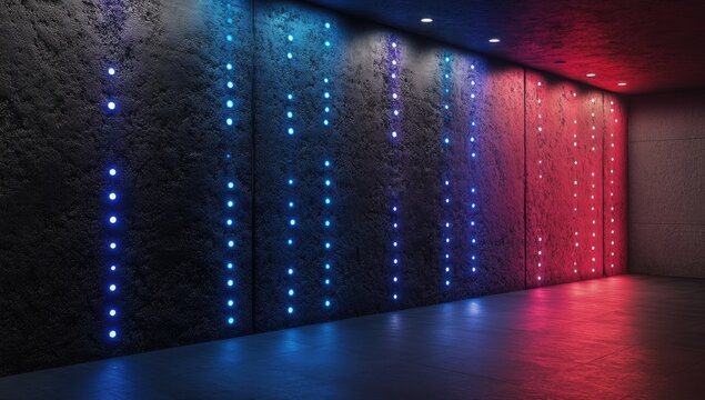 3D render, abstract background with blue and red glowing lights on a black wall. Abstract futuristic tunnel or corridor. Digital wallpaper for presentation design