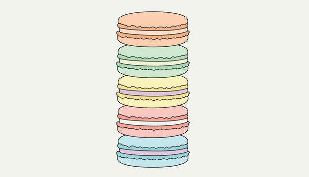 Tall vertical stack of five colorful French macarons in pastel shades of orange, green, yellow, pink, and blue, vector.