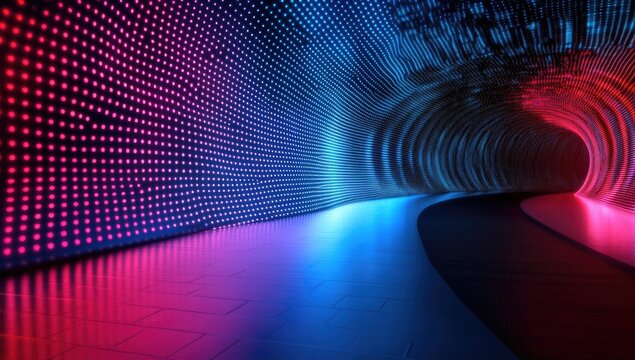 3D render, abstract background with blue and red glowing lights on a black wall. Abstract futuristic tunnel or corridor. Digital wallpaper for presentation design
