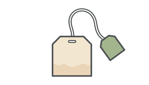 Minimalist icon of a classic paper tea bag with a green tag and string shown against a clean solid white background.