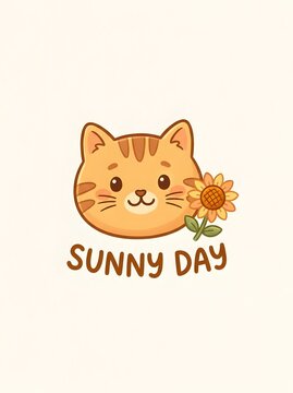 Cute orange kitten head illustration featuring a bright yellow sunflower and handwritten sunny day text on a simple background design