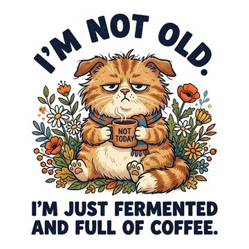 Grumpy ginger cat holding a coffee mug featuring funny typography surrounded by vibrant spring flowers in this charming whimsical illustration