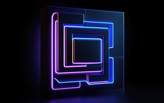 3D render, abstract background with neon glowing square lines in blue and purple colors on a black background.