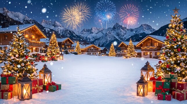 Festive new year celebration in alpine resort with fireworks and Christmas trees