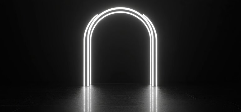 3D render, abstract futuristic glowing white neon lines in a black background with floor reflection. Glowing square frame arch tunnel door.
