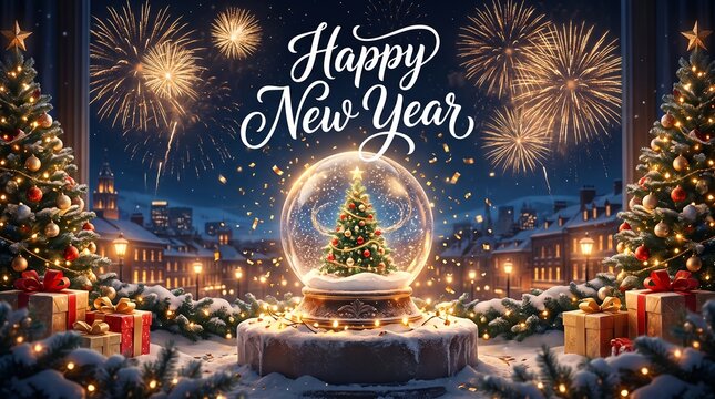 Happy new year card with magic snow globe, fireworks and Christmas trees in snowy town