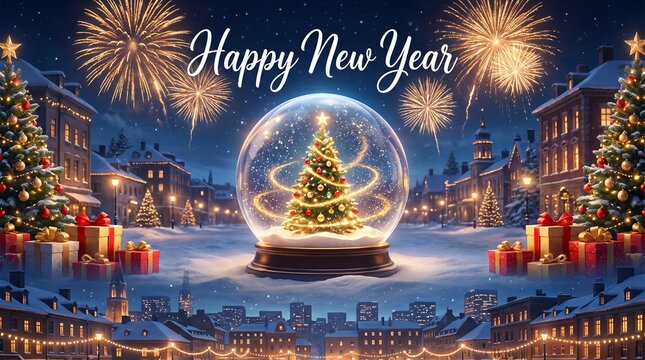 Happy new year card with magic snow globe, fireworks and Christmas trees in snowy town