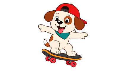 Cute cartoon puppy riding a skateboard in a red cap © Andrei