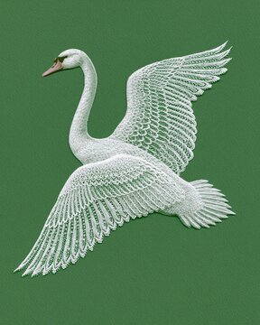 White embroidered flying swan on textured green fabric