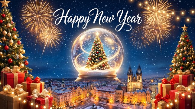 Happy new year card with magic snow globe, fireworks and Christmas trees in snowy town
