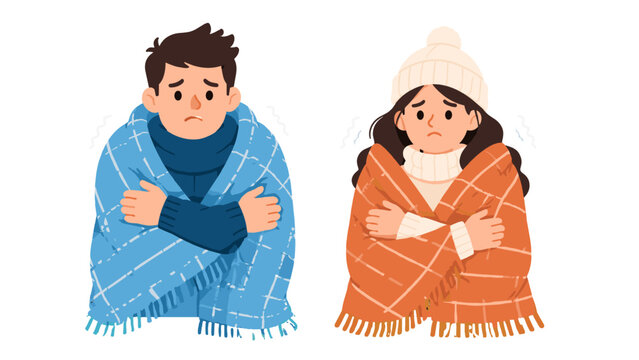 Two cold people wrapped in blankets wearing winter clothes