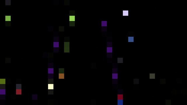 Multicolored pixel squares on a black background for tech, design, digital concepts. Suitable for backgrounds, websites, posters, and print media.