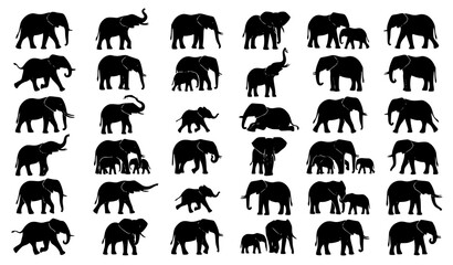 Realistic black African elephant silhouette collection with safari wildlife vector profiles isolated on white background © Nazir