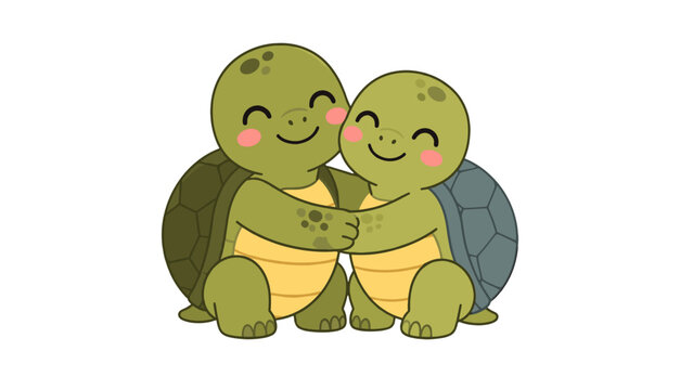 Cute cartoon turtles hugging on white background