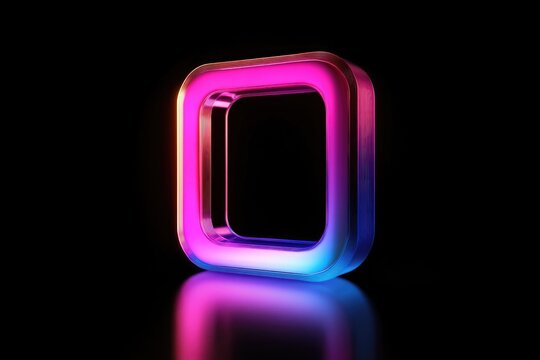 3D render, neon light square frame on a black background with reflection and glow. Glowing pink, blue, and purple line shapes for banner design.
