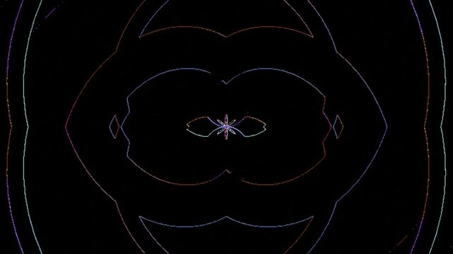 Symmetrical neon rainbow geometric circular light patterns in dark black void abstract art designs suitable for modern backgrounds.