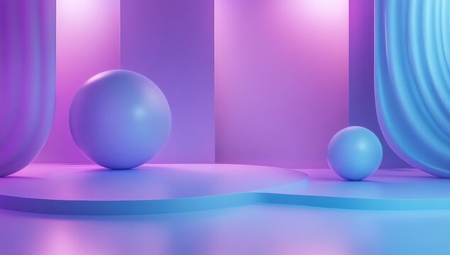 3D render of an abstract background with wavy, colorful shapes on a purple-blue gradient.
