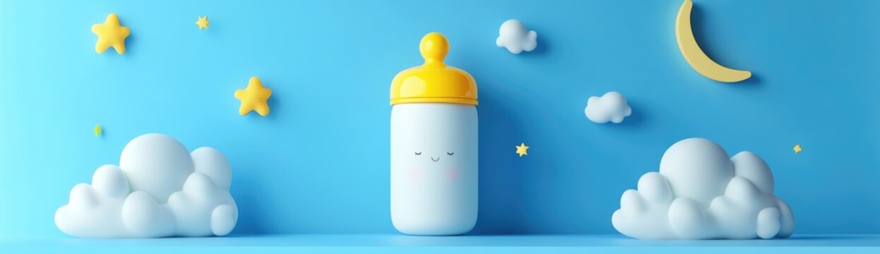 3D rendering of a baby bottle with a yellow lid and a white body, in a cartoon style, with a moon and stars in the background