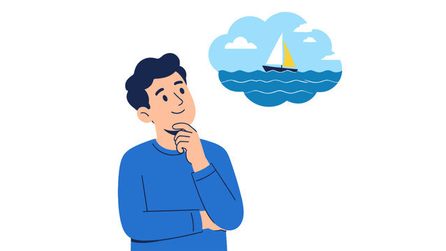 Thoughtful man with sailboat in thought bubble vector illustration