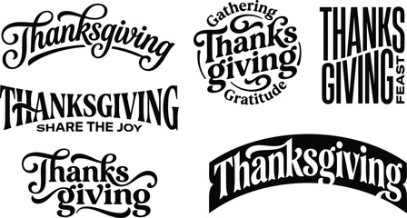 Obraz premium Set of black thanksgiving typography designs and lettering quotes for holiday cards and seasonal celebration graphics