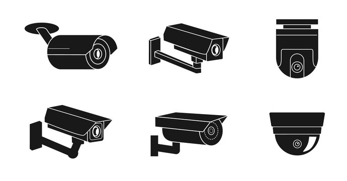 Collection of black surveillance camera silhouettes, CCTV. Illustration on a transparent background