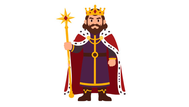 Cartoon king in crown and royal robe holding golden scepter