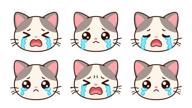 Set of six crying cartoon cat face expressions on white