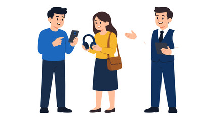 Fototapeta premium Three people with smartphone, headphones, and tablet vector
