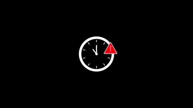 Exclamation point with clock icon for expiry date symbol, Warning alert clock animation on black screen.Animated of deadline reminder timer icon.