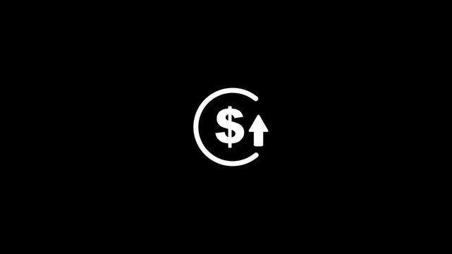 Abstract dollar rate increase stretching arrow up icon, Dollar rate up looped icon concept. Dollar currency price up animation. Circle with up arrow sign on black background.