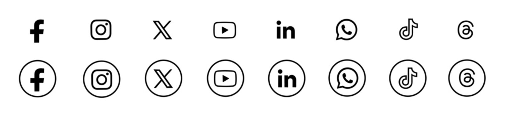 Social media icon set including Facebook, Instagram, X, YouTube, LinkedIn, WhatsApp, TikTok, and Threads logo