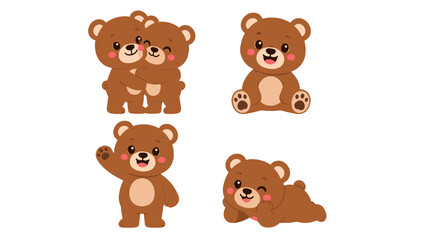 Fototapeta premium Cute cartoon brown bears in four playful pose illustrations