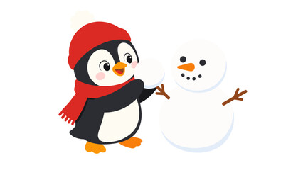 Cute penguin in red hat and scarf building a snowman
