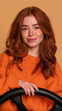 Freckled Redhead Woman with Steering Wheel: A young woman with vibrant red hair, freckles, and a warm smile poses confidently with a steering wheel.