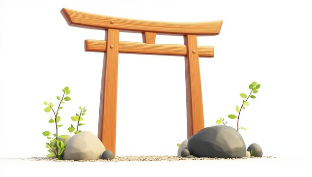 3D rendering of a simple Japanese torii gate, in a cartoon style with simple geometric shapes on a white background.