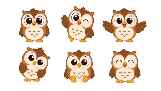 Set of cute cartoon owl characters in different poses