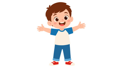 Cute cartoon boy standing with open arms on white background