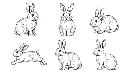 Set of hand drawn rabbit sketches in different poses