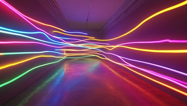 3D rendering of colorful neon light lines on a dark background with an empty room interior.