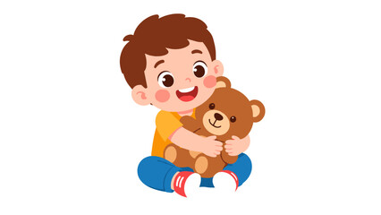 Fototapeta premium Cute little boy hugging a teddy bear cartoon vector illustration